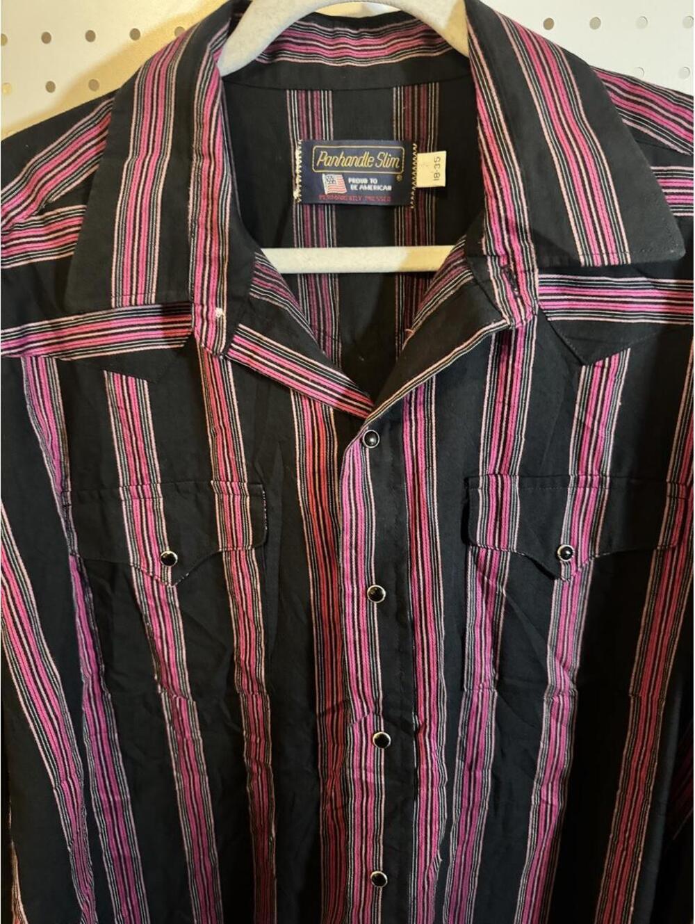 Vintage Panhandle Slim Western Pearl Snap Shirt | Black & Pink Striped | 18 35